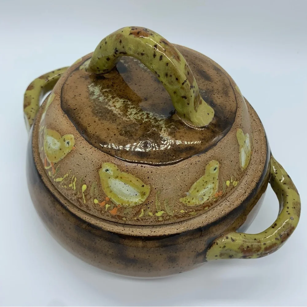 Art Pottery Easter Baby Chick Chicken Covered Dish Signed
